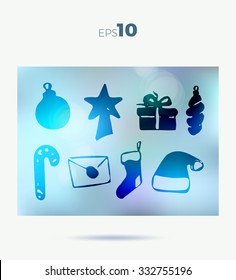 watercolor Christmas icons and Ribbon with text greetings