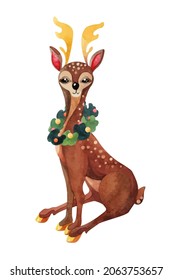 Watercolor Christmas illustration with cute deer and spruce wreath