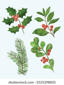 watercolor christmas mistletoe for winter decoration