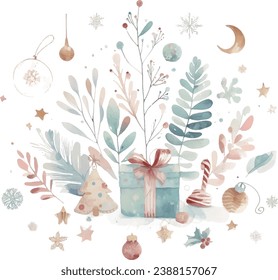 Watercolor Christmas and New Year background. Hand drawn vector illustration.