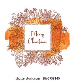 Watercolor Christmas and New Year card with holly tree branch with cone, star anise, cinnamon and orange. Vector hand drawn illustration.