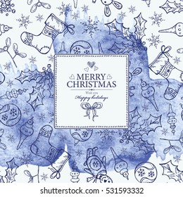 Watercolor Christmas and New Year card with Christmas decorations. hand drawn.