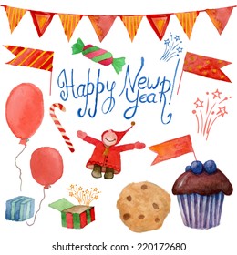 Watercolor Christmas and New Year party elements set. Vector