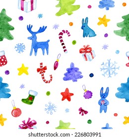 Watercolor Christmas and New Year seamless pattern. Hand drawn illustration. Vector.