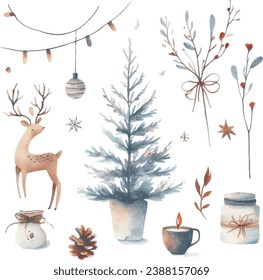 Watercolor Christmas and New Year set with tree, snowflakes, deer, candlestick, garland. Hand drawn illustration