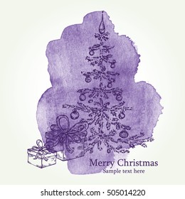 Watercolor Christmas and New Year tree with present. hand drawn 