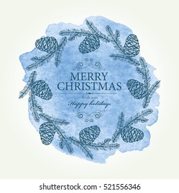 Watercolor Christmas and New Year wreath with cones . hand drawn.