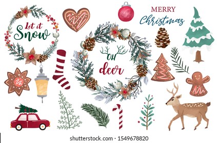 Watercolor Christmas object collection with pine cone,snowman,wreath.Vector illustration for icon,logo,sticker,printable