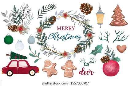 Watercolor Christmas object collection with pine cone,car,wreath,light.Vector illustration for icon,logo,sticker,printable