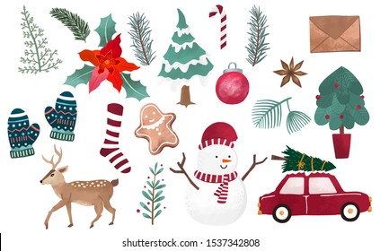 Watercolor Christmas object collection with christmas tree,ball,reindeer.Vector illustration for icon,logo,sticker,printable