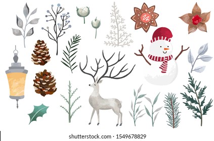 Watercolor Christmas object collection with christmas tree,snowman,reindeer.Vector illustration for icon,logo,sticker,printable