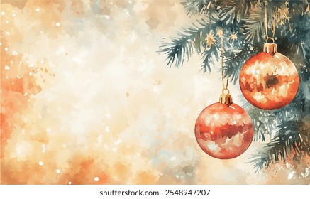 watercolor Christmas ornaments baubles in shades of red, green, and silver on a light background, frame