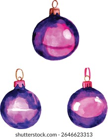 Watercolor Christmas Ornaments - Purple Pink Baubles vector illustration