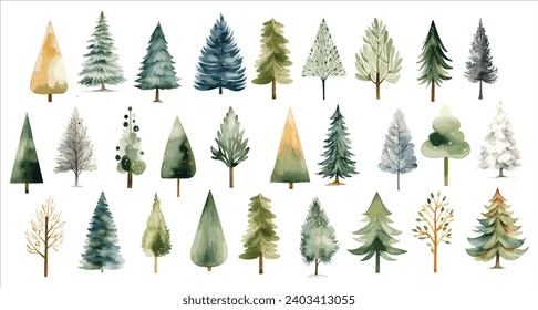 Watercolor Christmas pine trees illustrations set