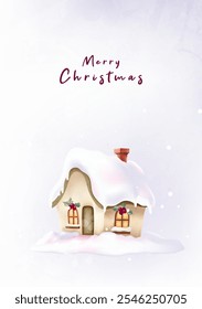 Watercolor Christmas poster for snowy Christmas house