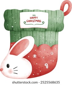 Watercolor Christmas Rabbit Stocking Vector Illustration Isolated on White Background