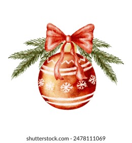 Watercolor Christmas red ball with fir twigs and bow cut out from background