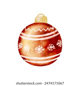 Watercolor Christmas red ball, vector holiday decoration, ornament for tree