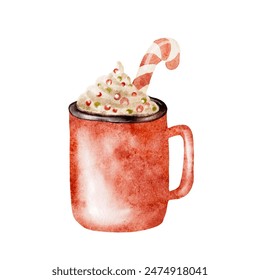 Watercolor Christmas red hot drink with cream and candy, vector cut out from white background
