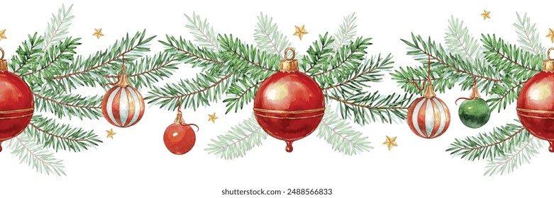 Watercolor Christmas seamless border of spruce green branches, red Christmas balls and stars. Vector Illustration for patterns, greeting cards and invitations.