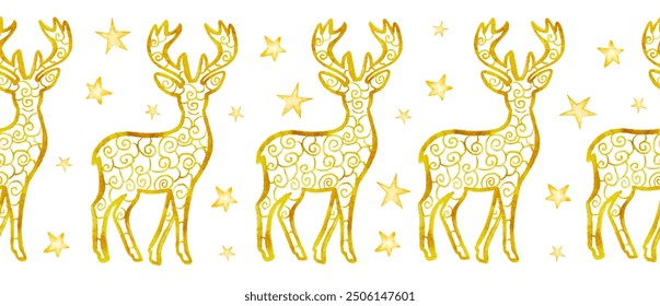 Watercolor Christmas seamless edging bordure with gold deer, new year golden ribbon design