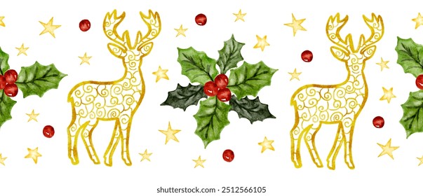 Watercolor Christmas seamless edging bordure with gold deer and holly leaves and berries, new year festive golden ribbon design