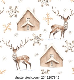 Watercolor Christmas seamless pattern with beige wood house and deers in winter forest. Hand painted illustration with snowflakes isolated on white background. For design, print, fabric, background.