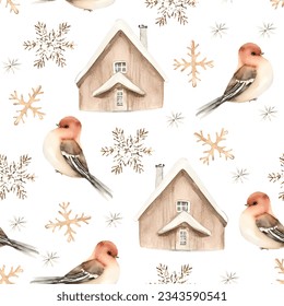 Watercolor Christmas seamless pattern with birds and wood house in winter forest, new year background with snowflakes.