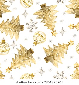 Watercolor Christmas seamless pattern gold Christmas trees, toy, ball on white background.