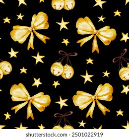 Watercolor Christmas seamless pattern golden stars, bells and bows on black background, wrap paper