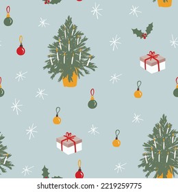 Watercolor Christmas seamless pattern. Hand made holiday background. Design, cards, wallpaper, posters, fabric, textile, wrapping paper.