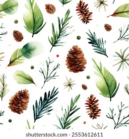 Watercolor Christmas Seamless Pattern, Leaves, Fir, Pine Cones, Branch, Greenery