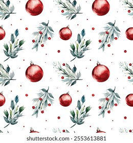 Watercolor Christmas Seamless Pattern, Ornaments, Branches, Berries, Leaves, Fir