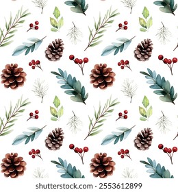 Watercolor Christmas Seamless Pattern, Pine Cones, Leaves, Fir, Berries, Branches, Greenery