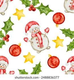 Watercolor Christmas seamless pattern snowman, red ornaments, holly and stars