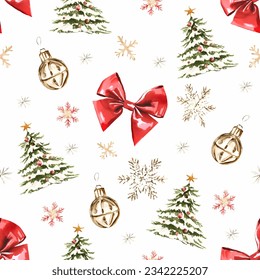 Watercolor Christmas seamless pattern with Christmas tree, red bow and snowflakes. Hand painted holiday objects isolated on white background. Illustration for design, print or background.