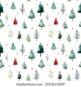 Watercolor Christmas Seamless Pattern, Christmas Trees, Green, Red