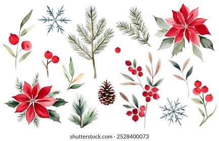 Conjunto de Natal em aquarela. Plantas botânicas, flores e flocos de neve. Ramos de abetos, bagas e decorações festivas.