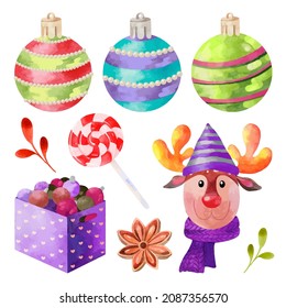 Watercolor Christmas set with cute deer and holiday elements
