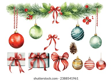 Watercolor Christmas Set With Fir Branches Balls Vector Illustration 