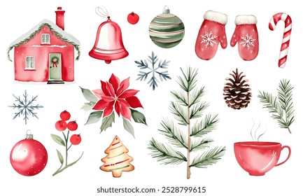 Watercolor Christmas set with fir branches, flower, balls, house and mittens. Cute christmas winter elements