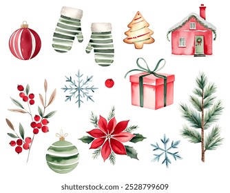 Watercolor christmas set. Fir, christmas flower, snowflakes, berries, house, gift and mittens.