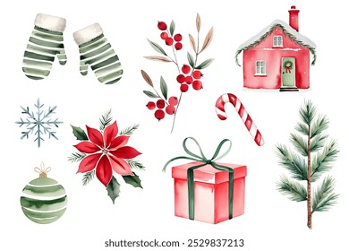 Watercolor christmas set. Fir, christmas flower, snowflakes, berries, house, gift and mittens.