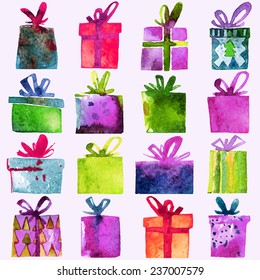 Watercolor Christmas set with gift boxes,  isolated on white background. Watercolor art. Vector illustration. Christmas decoration elements.