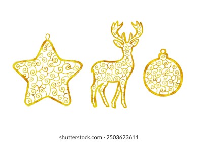 Watercolor Christmas set golden deer, star and ball, new year holiday ornaments for Christmas tree