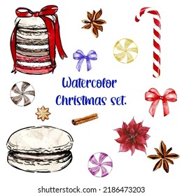 Watercolor Christmas set. Hand drawn striped candy, ginger bread, macaroons isolated on white background. Vintage vector objects collection for holiday design