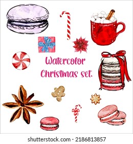 Watercolor Christmas set. Hand drawn striped candy, ginger bread, macaroons isolated on white background. Vintage vector objects collection for holiday design