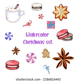 Watercolor Christmas set. Hand drawn striped candy, ginger bread, macaroons isolated on white background. Vintage vector objects collection for holiday design
