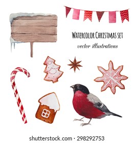 Watercolor Christmas set. Hand drawn bullfinch bird, striped candy, ginger bread, snowy sign, party flags garland isolated on white background. Vintage vector objects collection for holiday design