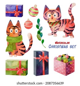 Watercolor Christmas set with tigers and holiday elements